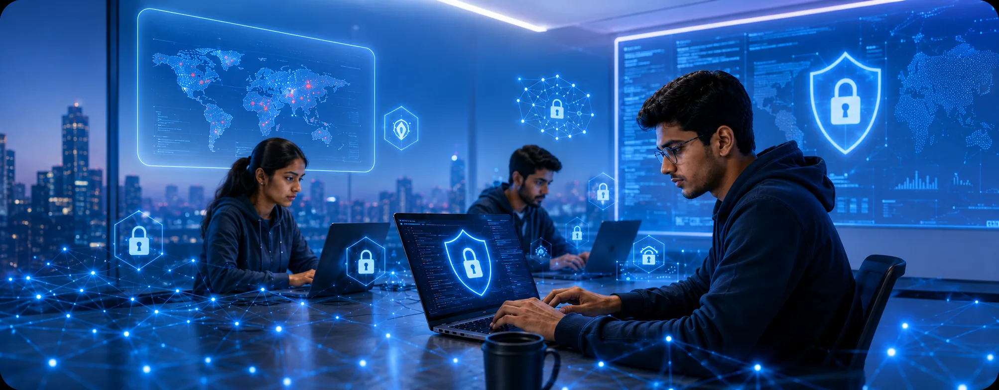 Cyber security and ethical hacking learners working with network defense and threat detection screens