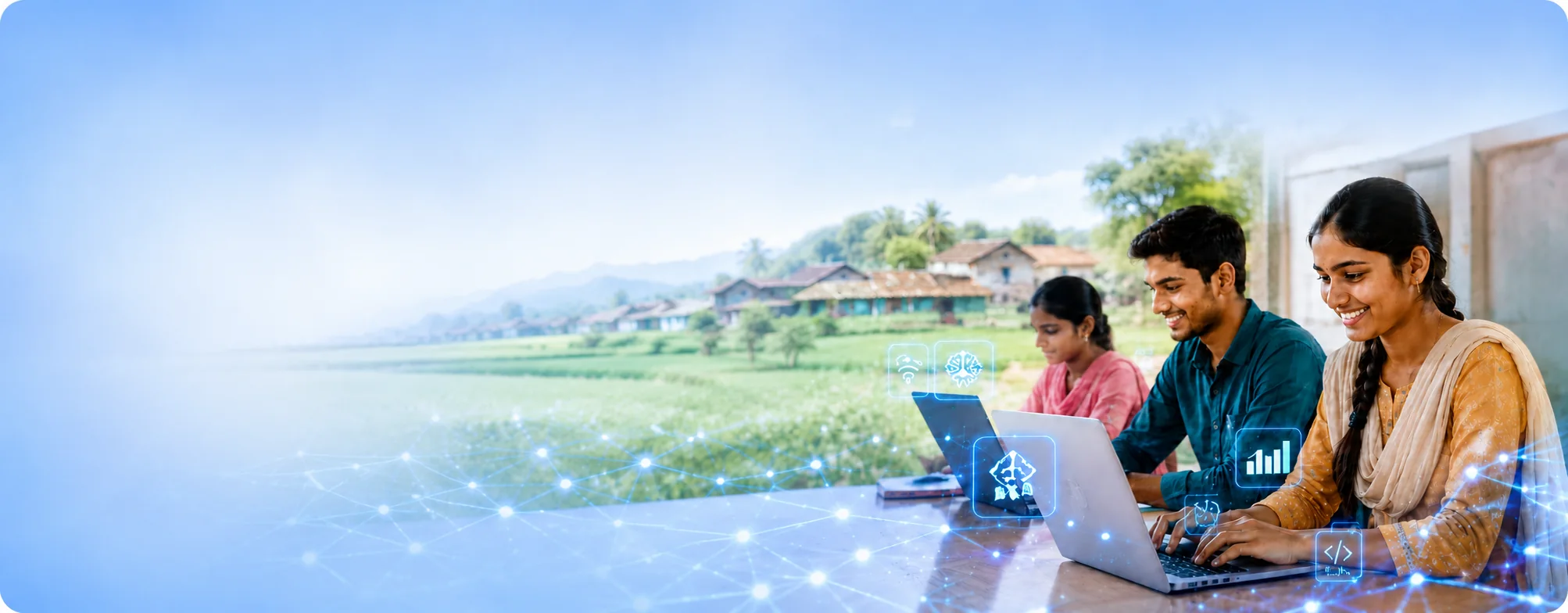 Rural students learning digital skills with laptops and connected technology visuals