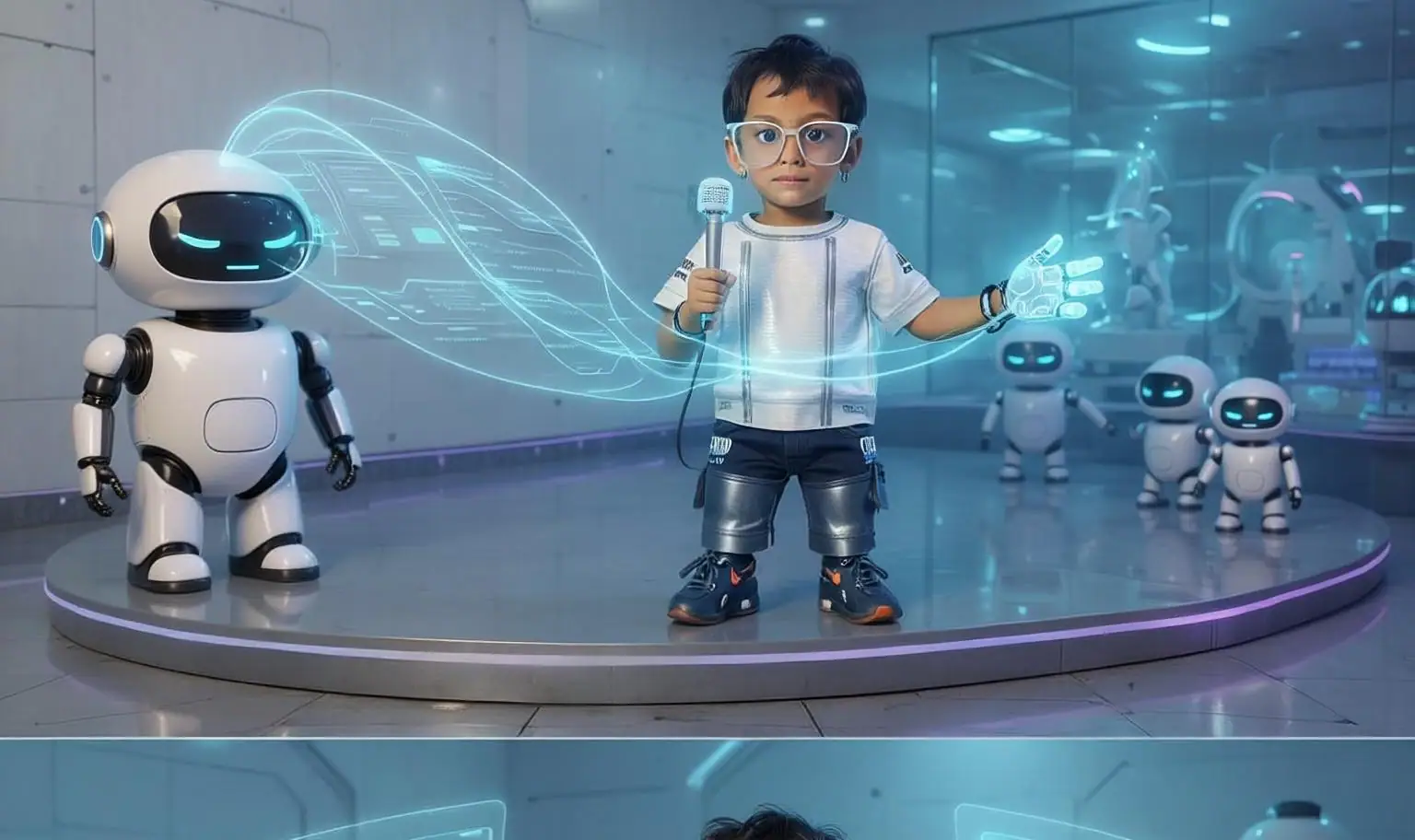 Child presenting with robots in a futuristic AI lab