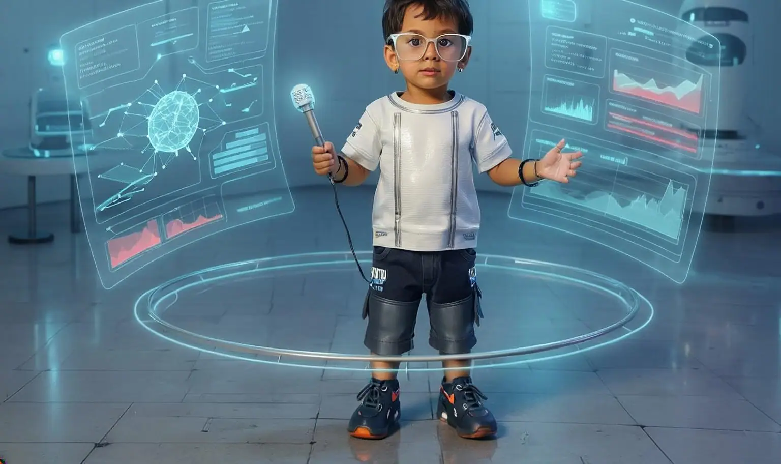 Child presenting futuristic AI and data dashboards