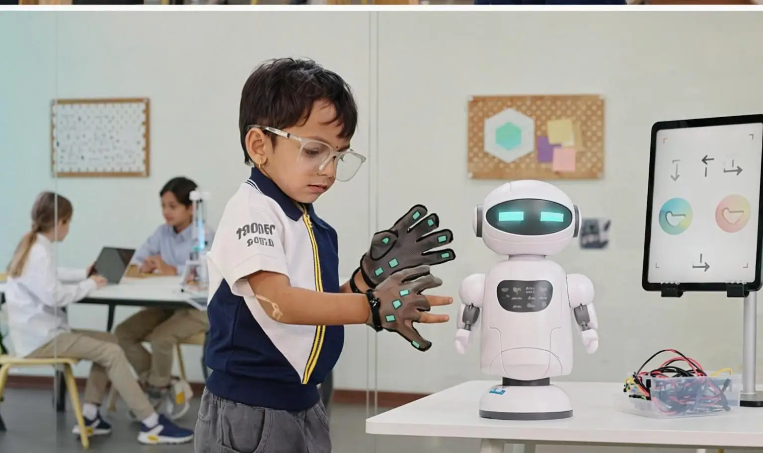 Child testing a robot with a smart learning glove